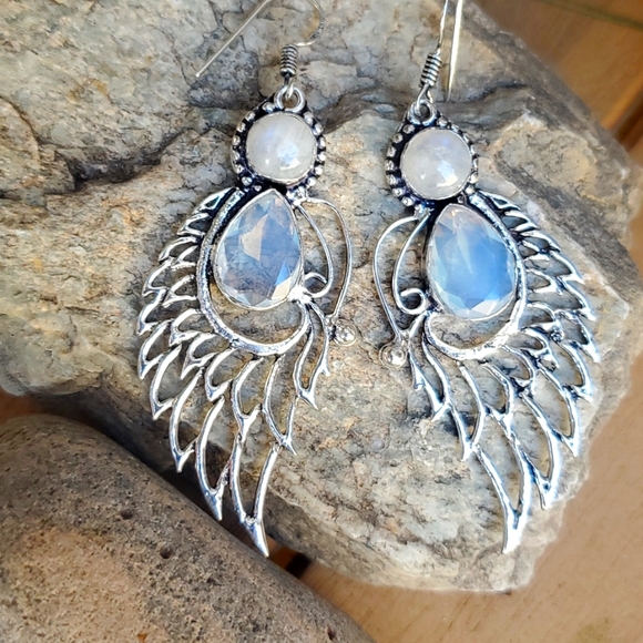 New Opal Opalite & Rainbow Moonstone 925 Silver Wings Earrings. - Picture 16 of 16